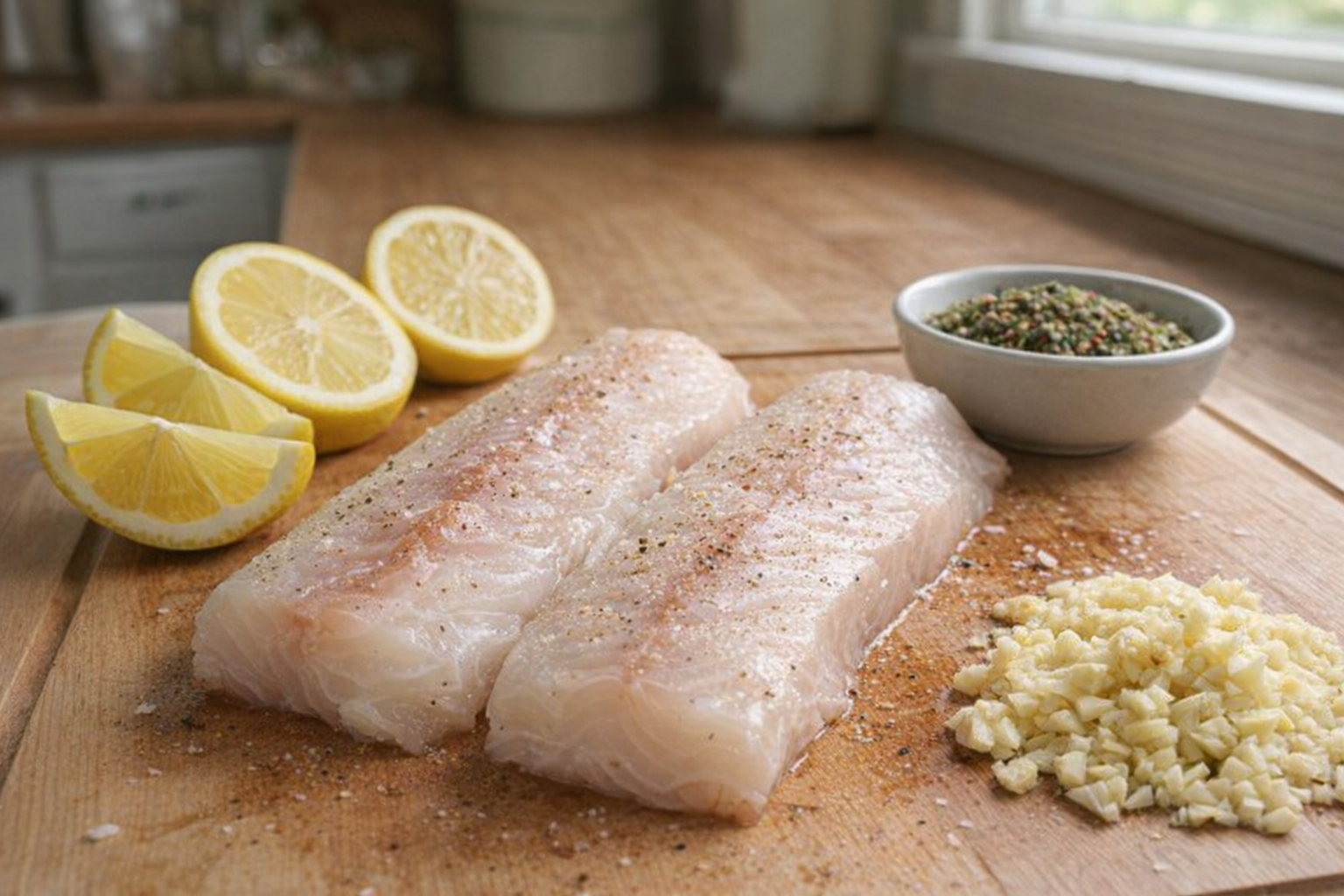 Close-up of raw cod fillets on a cutting board, alongside sliced lemon, minced garlic, and a small bowl of mixed herbs and spices, all illuminated by natural kitchen light